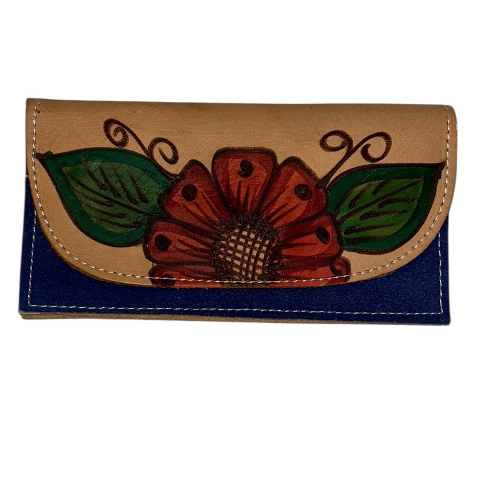 Mexican western-style hand tooled hand painted FLOWER genuine leather wallet